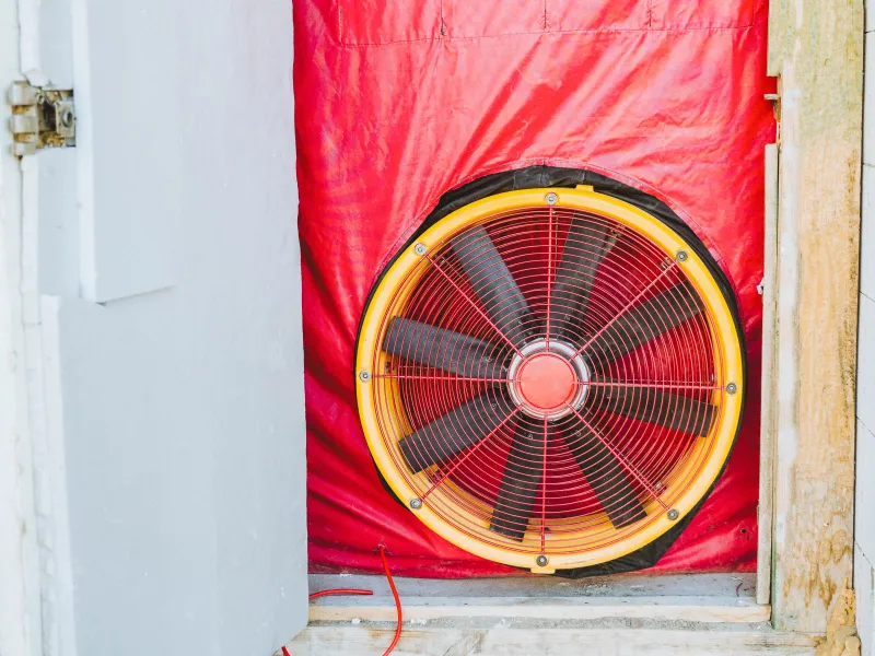 A blower door test in a door frame. 