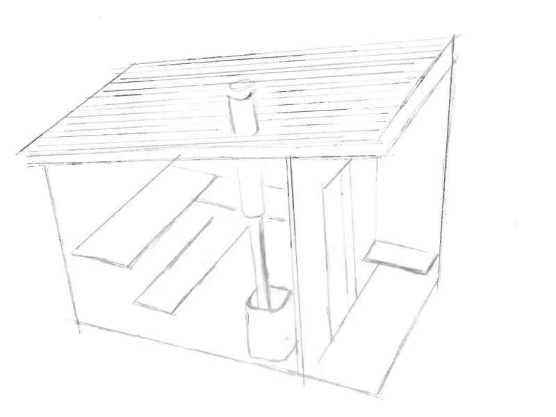 A pencil sketch of a sauna with a shed roof.