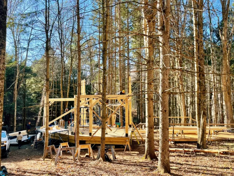 Wide shot of a timber frame under construction in the forest.