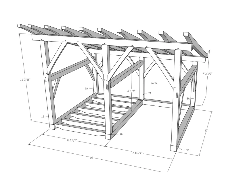Sketchup framing model of a timber framed woodshed