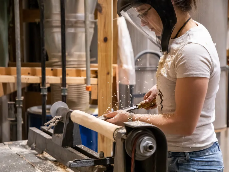 Close-up of a person woodturning on a lathe with wood shavings flying through the air.