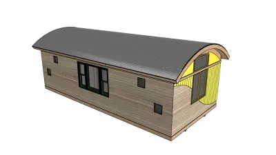 SketchUp rendering of a small cabin.
