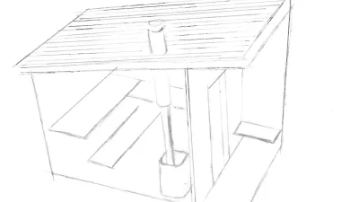 A pencil sketch of a sauna with a shed roof.