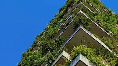 Photo looking upwards at the corner of a building with several balconies abundant with plants. 
