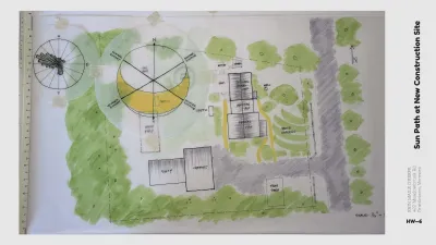 Hand-drawn site analysis plan showing a residential property layout with buildings, trees, driveways, and garden areas.