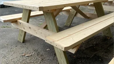A wooden picnic table.