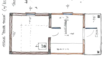 A hand drawn floor plan of a sauna design.