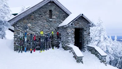 The Mansfield Stone Hut pictured post-fire renovation in the snow