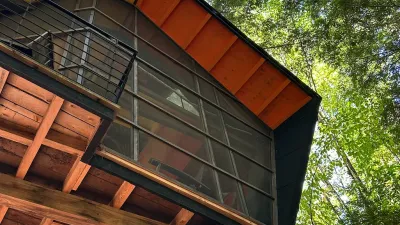 Shot from below looking up at a modern treehouse in the middle canopy.