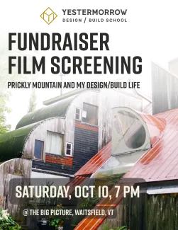 Flyer for the prickly mountain film screening featuring an image of the iconic Tack House, with text details