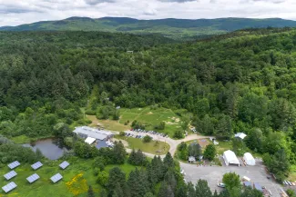 Drone image of the Yestermorrow campus and surrounding valley.