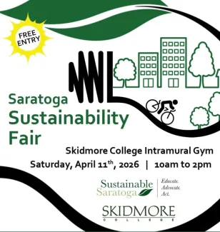 Event flyer image with the details of the sustainability fair, sponsor logos, and graphics of buildings and trees