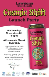 Event flyer for Cosmic Shift launch party at Lawson's Finest Liquids, showing a raspberry colored header and beer can, details about the event, and sponsor logos at the bottom.