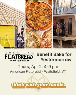 flatbread benefit bake flyer with photos of pizza and yestermorrow courses with details of the event