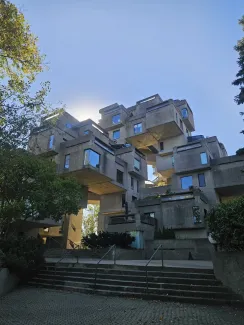 A photo of the Habitat 67 building on a clear, sunny day