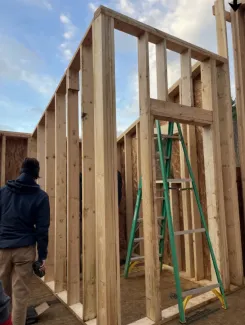 Photo of the interior bathroom wall framing
