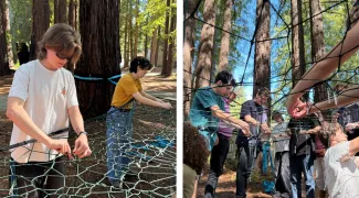 two photos side by side depict students tying knots a tree net in wooded areas