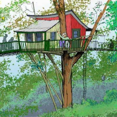 A sketch of an accessible treehouse featuring a person using a wheel chair. 