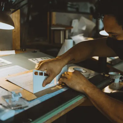 A student making a model at a drafting table.
