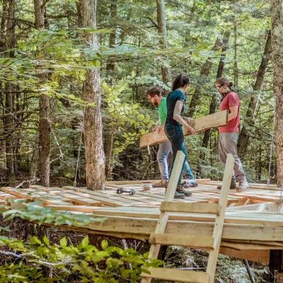 Three people working together to move a heavy board while standing on a wooden platform amongst the trees. 