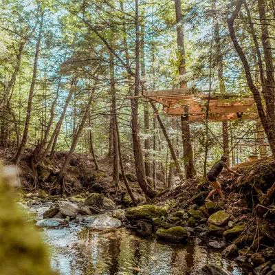 A wooden treehouse platform viewed from below with the river in the foreground and there is a person scrambling up the bank on the right.