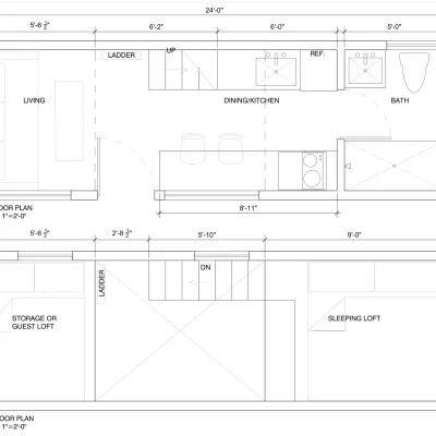 A plan view of the first and second floor of a tiny house on wheels.
