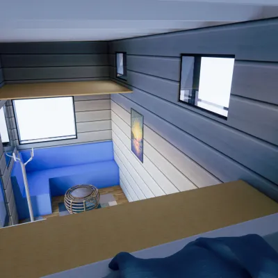 A digital rendering of the interior of a tiny house on wheels.