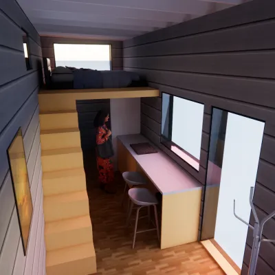 A digital rendering of the interior of a house on wheels.