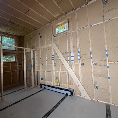 The interior of a tiny house on wheels insulated with Timber HP.