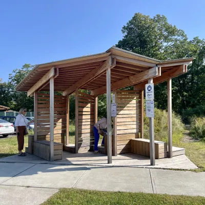 A bus stop designed and built by students in 2020.