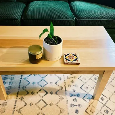 Maple coffee table with coasters and a small plant in front of a green couch and on a white and grey rug