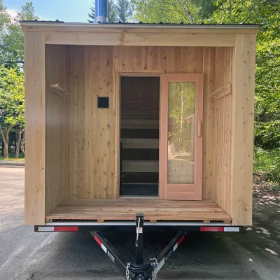 The entry way to a mobile sauna lined with white cedar.