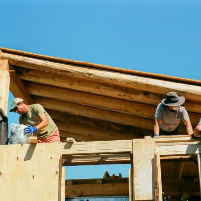 Several people work on the walls of a partially framed strawbale cabin with blue sky in the background.