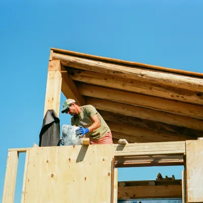 Students work on a building with rafters and strawbale walls.