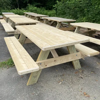 A completed picnic table built by students in the Carpentry Fundamentals course.