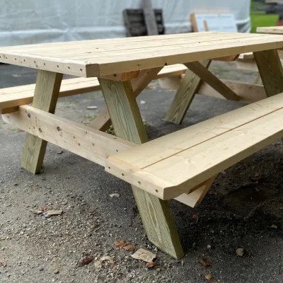 A wooden picnic table.