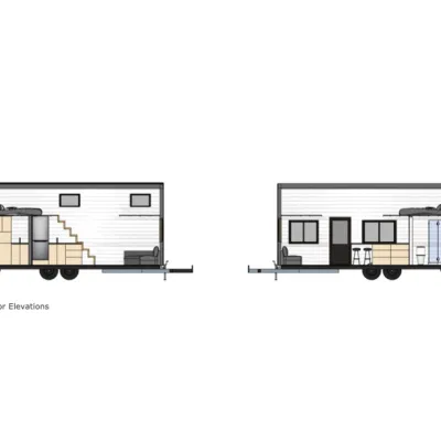 A digital rendering of the interior elevations of a tiny house on wheels.