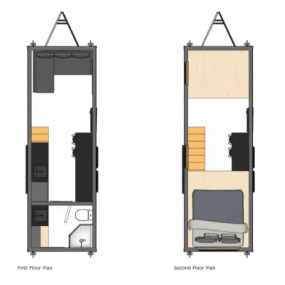 A digital rendering of the floor plan of a tiny house on wheels.